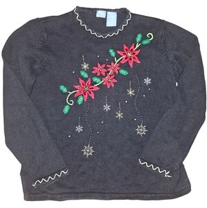 Holiday Editions Vintage Black Ugly Christmas Sweater Poinsettia Rhinestone L